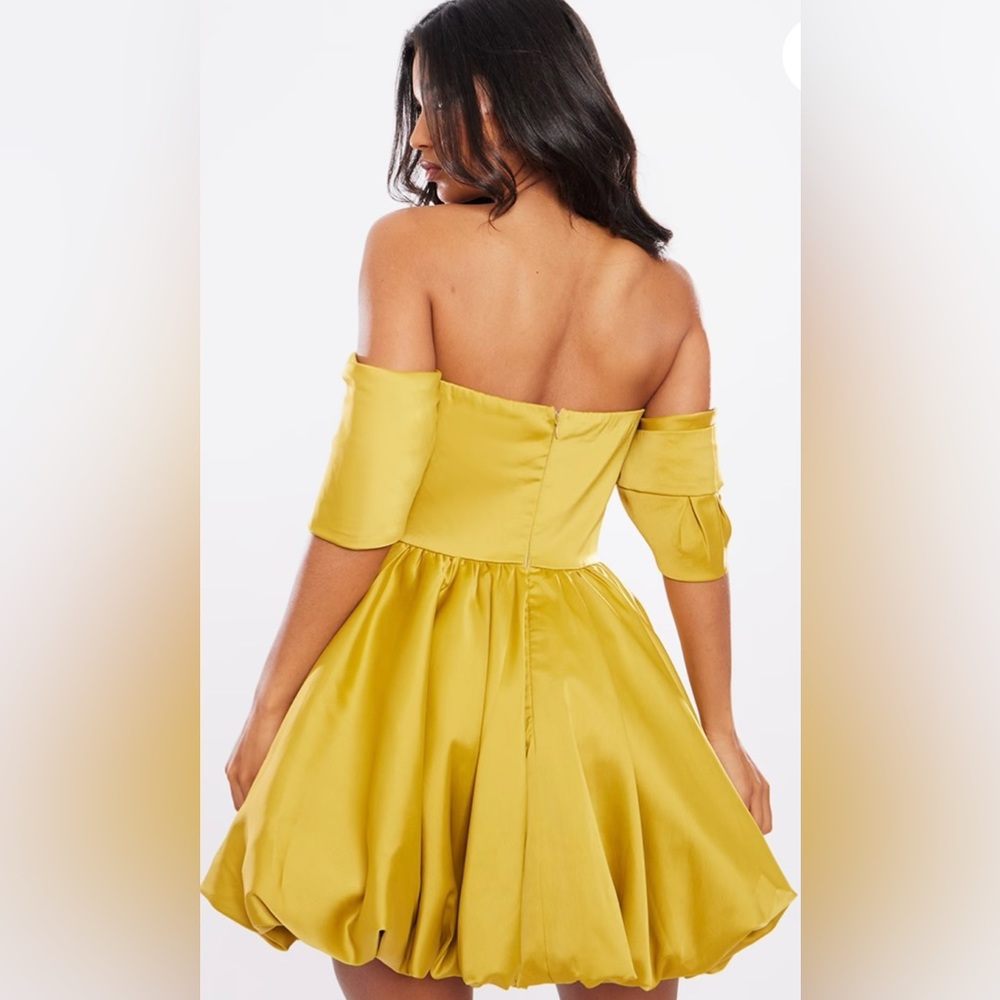 Chartreuse Satin V Bar Plunge Bardot Puff Ball Dress
